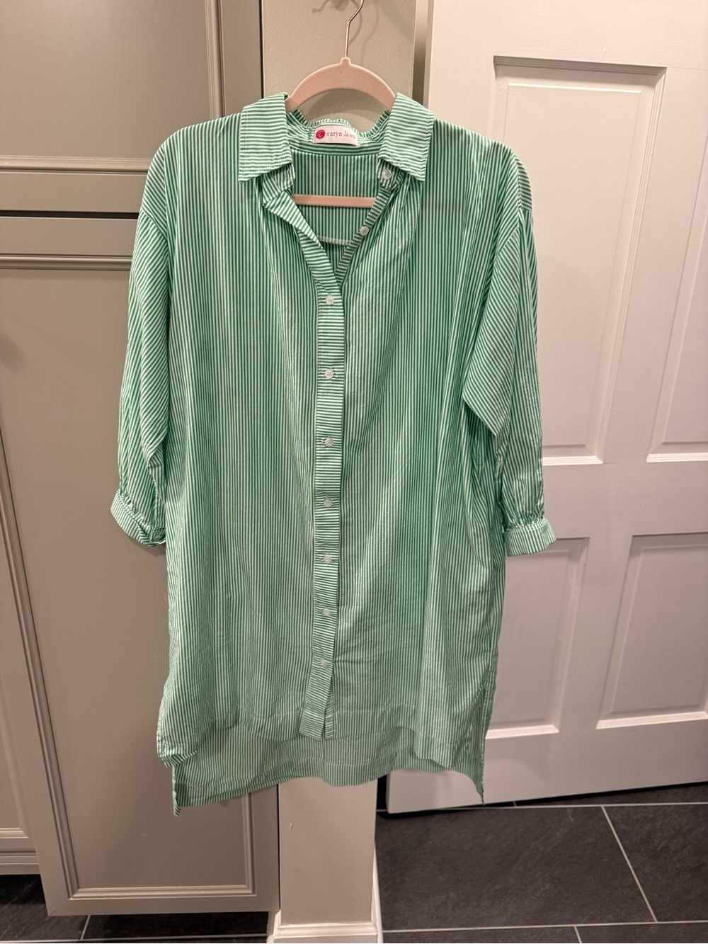 Caryn Lawn Button-Front High-Low Shirt Dress in Mint Green stripe